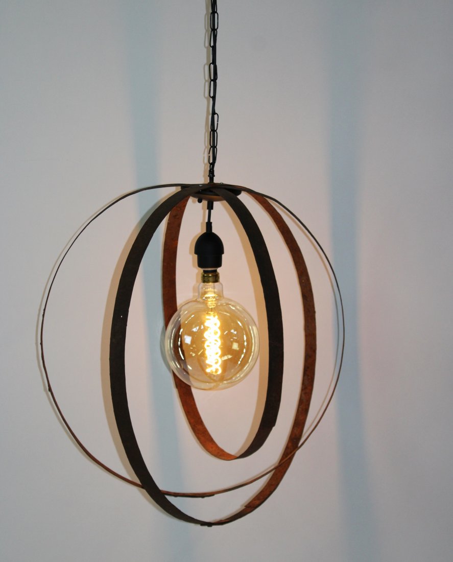 Industrial style hanging light wine barrel hoops: Industrial style hanging light made from French iron wine barrel hoops. Edison style bulb. 28"h x 24"dia