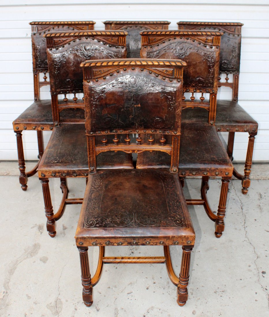 Set of 6 French embossed leather chairs (1 of 7)