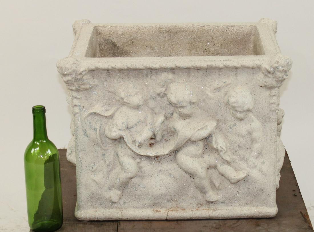 Cast stone square planter with cherubs (1 of 8)