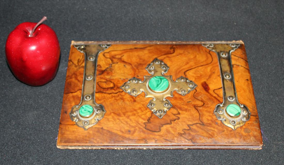 Victorian malachite and burl desk blotter: Victorian Gothic malachite and burl desk blotter. with brass ornamentation. Early 20th century. 10 3/4"h x 7 3/4"w