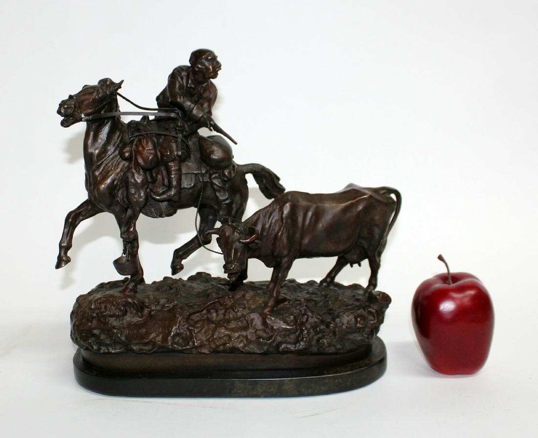 After Vassili Grachev "Cattle Thief" Bronze: "Cattle Thief" After Vassili Yacovlevitch Grachev (1831-1905). - 20th century, cast bronze on marble base, signed "Fabr. C.F. Woerffel". 12 1/2"h x 12 1/2"w x 5 1/2"d