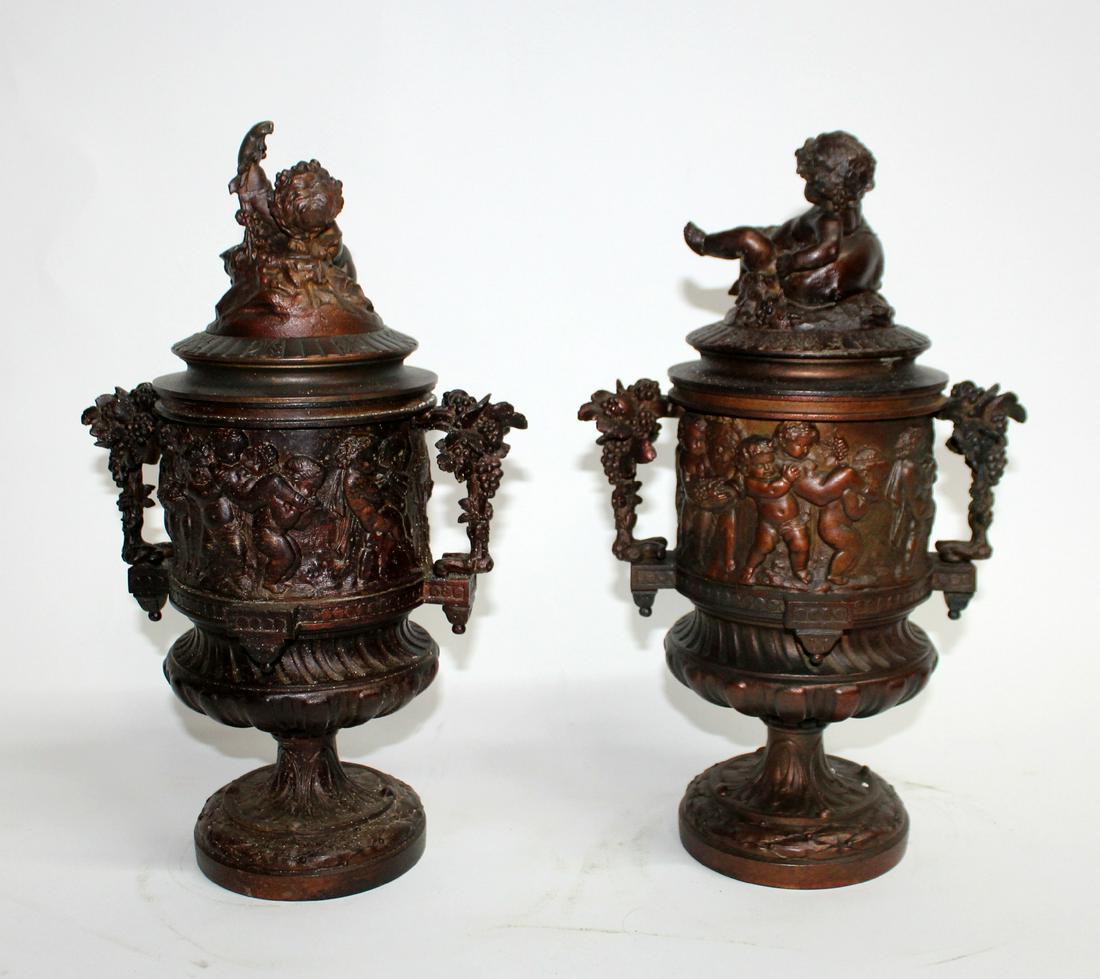 Pair French bronze relief lidded cherub urns (1 of 9)