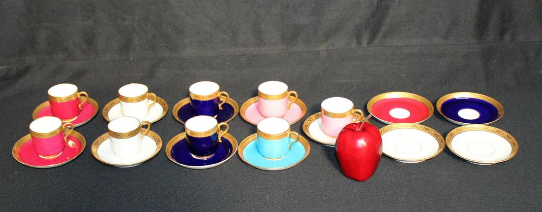 French Minton and Limoges demitasse set: French Minton and Limoges mixed demitasse set, 9 cups and 13 saucers. Cups measures 2 1/4"h x 2 1/4"dia, saucers measure 5" dia.