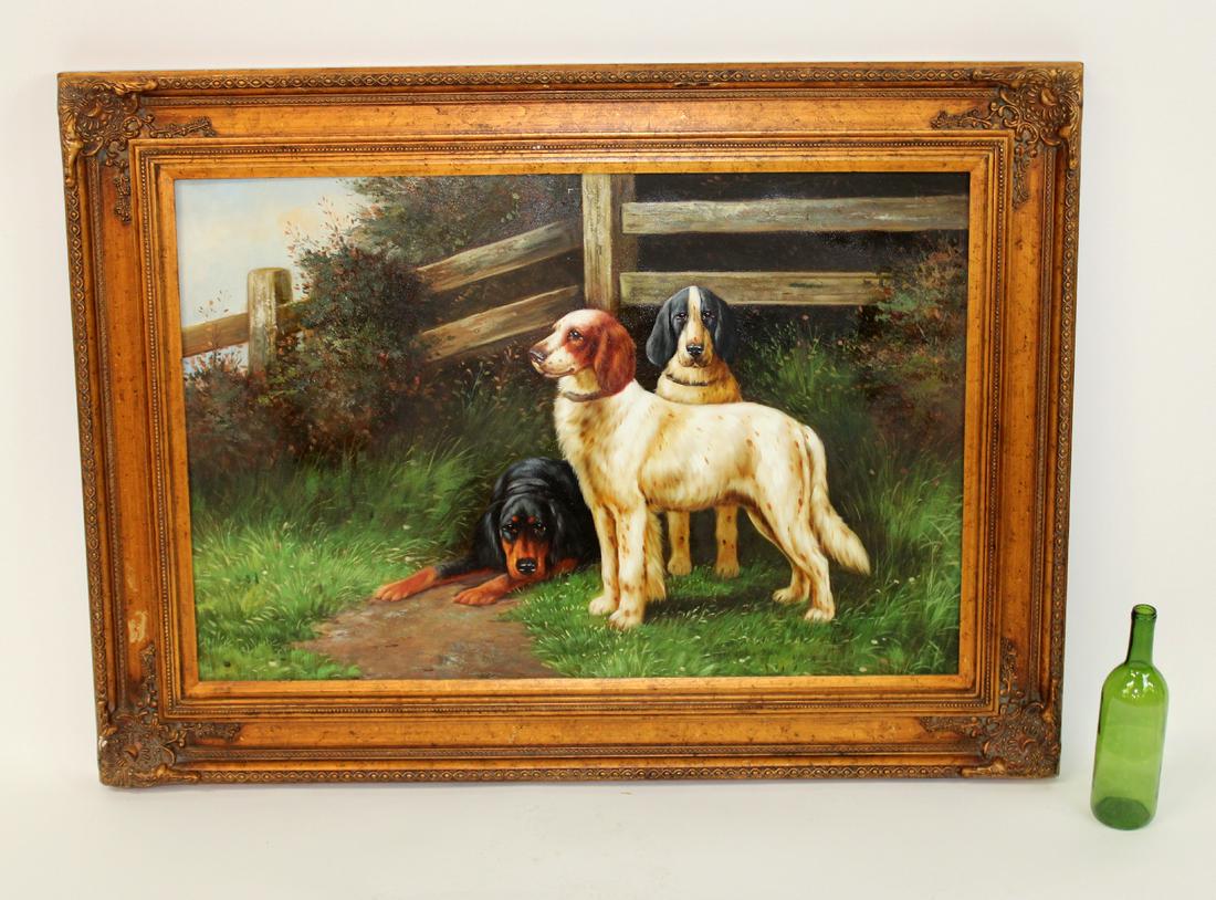 Oil on canvas painting 3 dogs in garden (1 of 7)