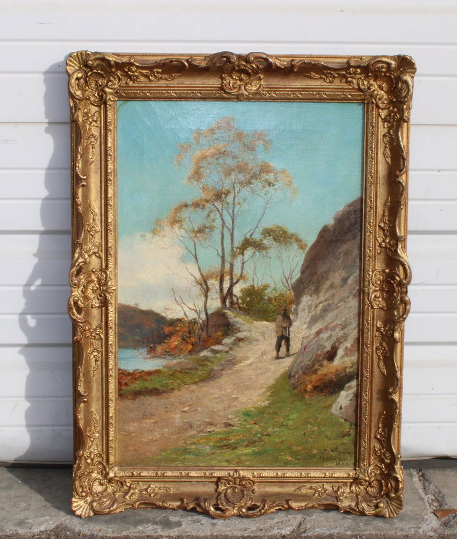 Oil on canvas landscape signed JA Aitken: Oil on canvas landscape man on path. Signed l/r JA Aitken (James Alfred Aitken 1846-1897) Member Royal Scottish Academy. 24.5"h x 16.25"w Framed size 29.5"h x 21.5"w
