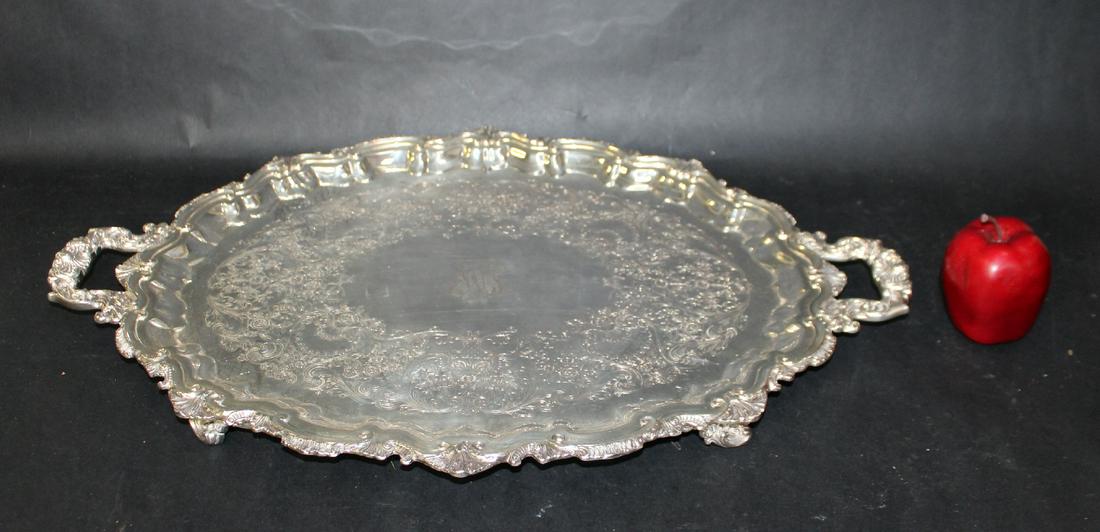 Webster & Wilcox silver plate double handled tray: Webster & Wilcox silver plate double handled tray. Monogrammed. 1 1/2"h x 26"l x 17 1/4"w