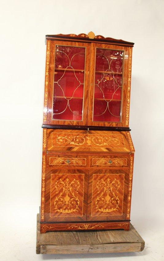 Italian marquetry bureau bookcase: Italian marquetry bureau bookcase with secretary and hidden murphy bed in lower cabinet. 81"h x 37"w x 18"d