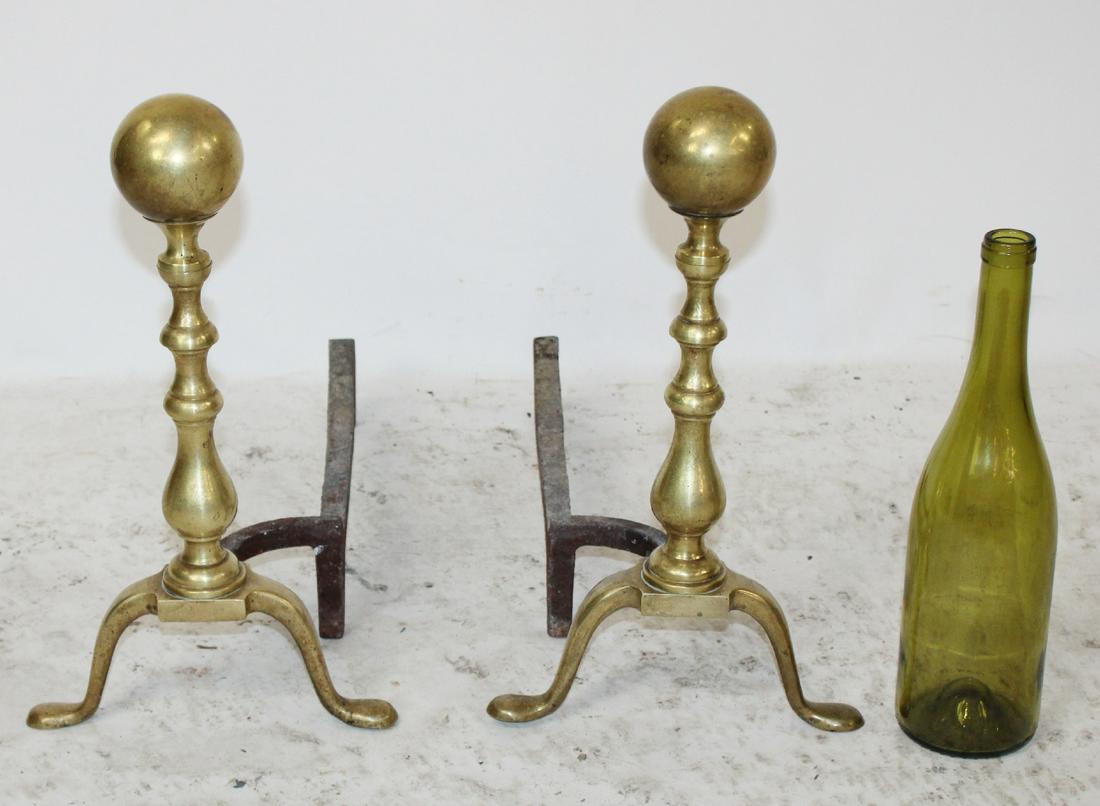 Pair of brass ball andirons: Pair of brass andirons with ball finials 14 3/4"h x 8 1/2"w x 17"d