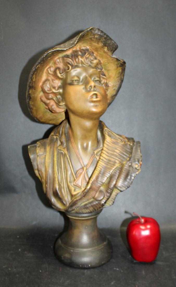 Plaster bust of young boy: Plaster bust of young boy with hat on stand. Mid century 20th century. 20"h x 10 1/2"w