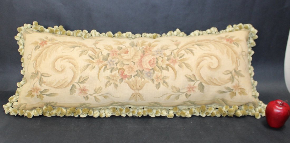 Antique Aubusson needlepoint bolster pillow: Antique Aubusson needlepoint bolster pillow. 14"h x 36"l