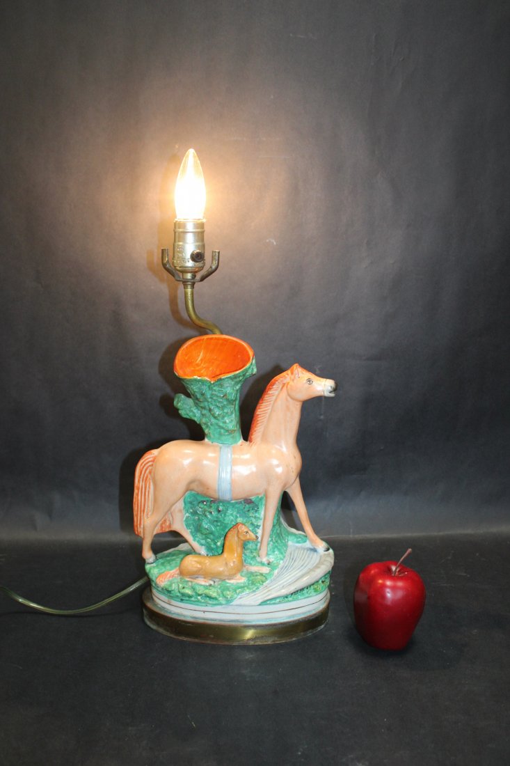 Staffordshire mare & foal vase mounted as lamp: Staffordshire mare & foal vase mounted as lamp. 21"h x 9"w x 5"d Vase alone 12"h x 9"w