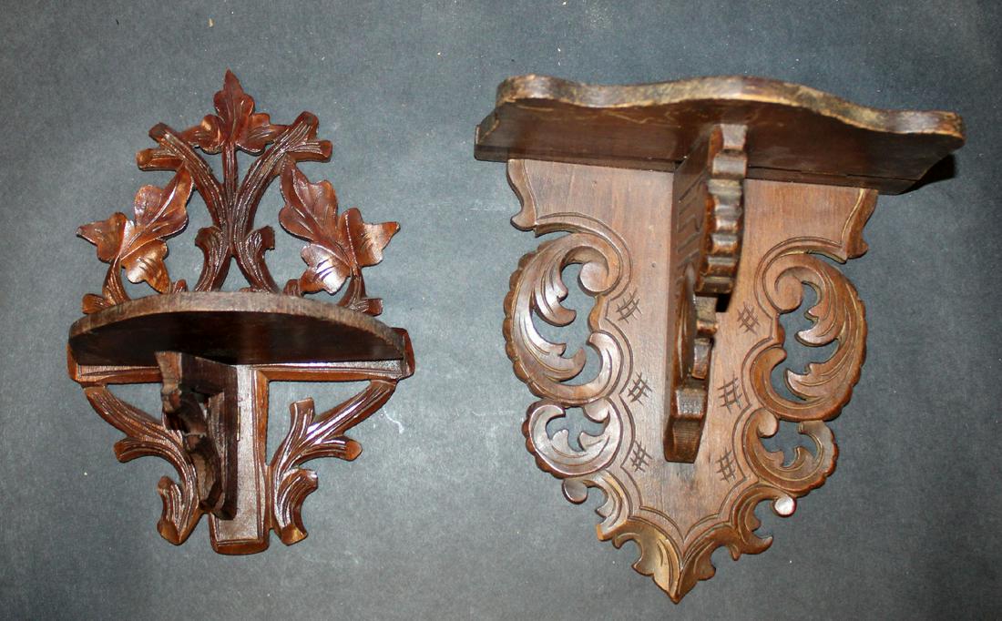 2 carved Black Forest miniature wall shelves: 2 carved Black Forest miniature wall shelves. 7 1/2"h x 7 1/2"w x 4 3/4"d