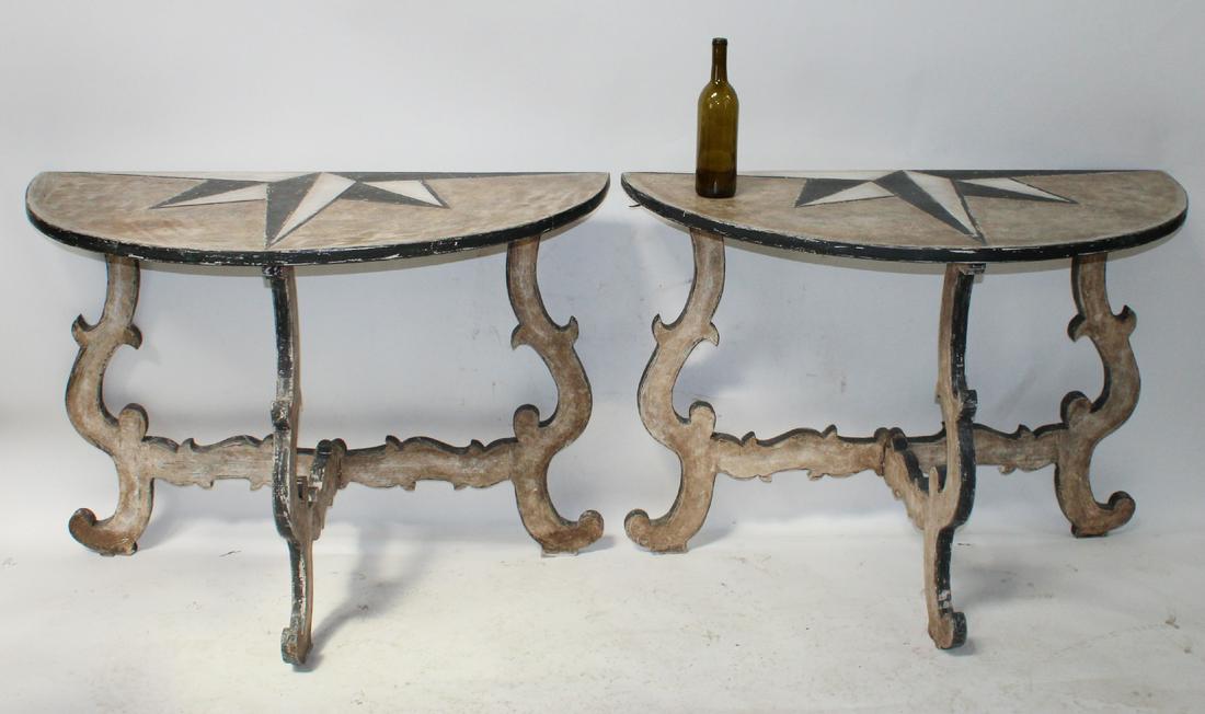Pair painted Italian demi lune console tables: Pair of painted Italian demi lune console tables with compass rose top. May be put back to back and latched as a round table. 20th century. Each measures 33"h x 44"w x 22"d