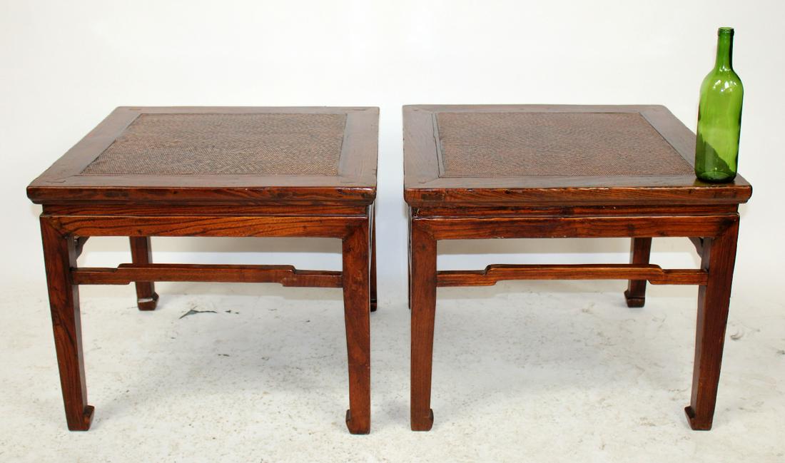 Pair of Chinese Ming style side tables: Pair of Chinese Ming style side tables with rattan tops. 20th century. 20 1/4"h x 24 1/2"sq