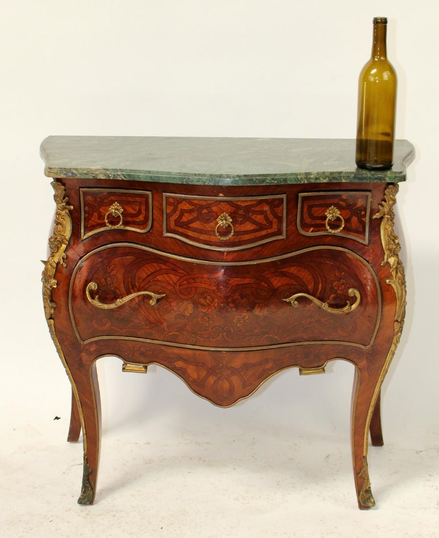 Louis XV style bombe marble top commode: Louis XV style bombe (painted marquetry style) 3 over 1 drawer commode with marble top and bronze mounts. Mid 20th century. 30"h x 32"w x 16"d