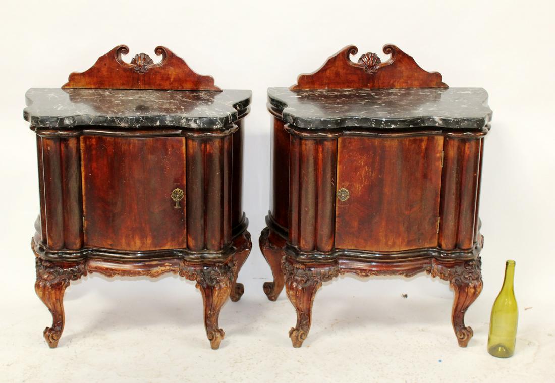 Pair Italian Chippendale serpentine nightstands: Pair of Italian Chippendale serpentine night stands in burl with marble tops. Early 20th century. 33 1/2"h x 27"w x 17 1/2"d