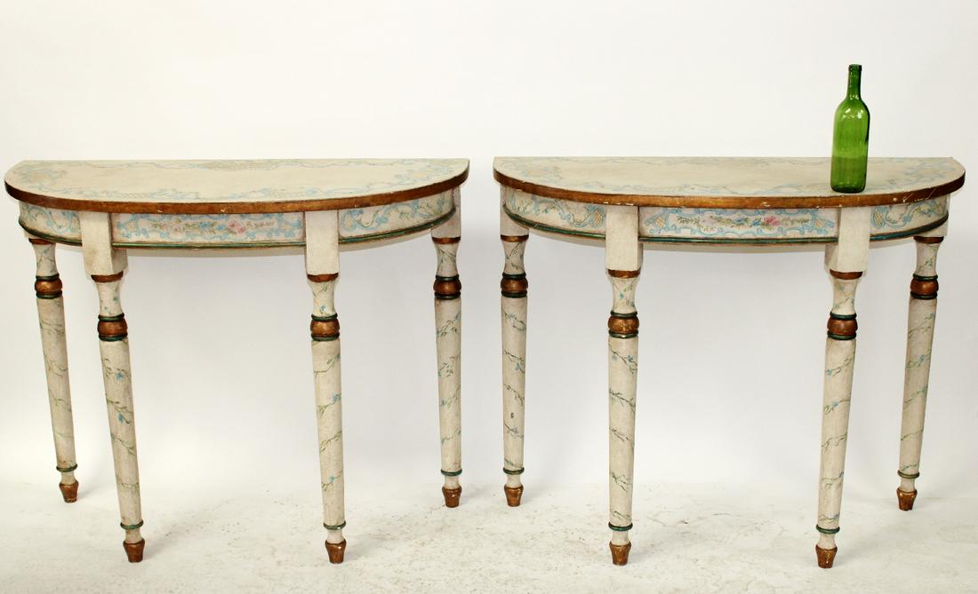 Italian neo-classical console tables: Pair of Italian neo-classical painted console tables. Early 20th century. 36 1/4"h x 44"w x 18 1/4"d
