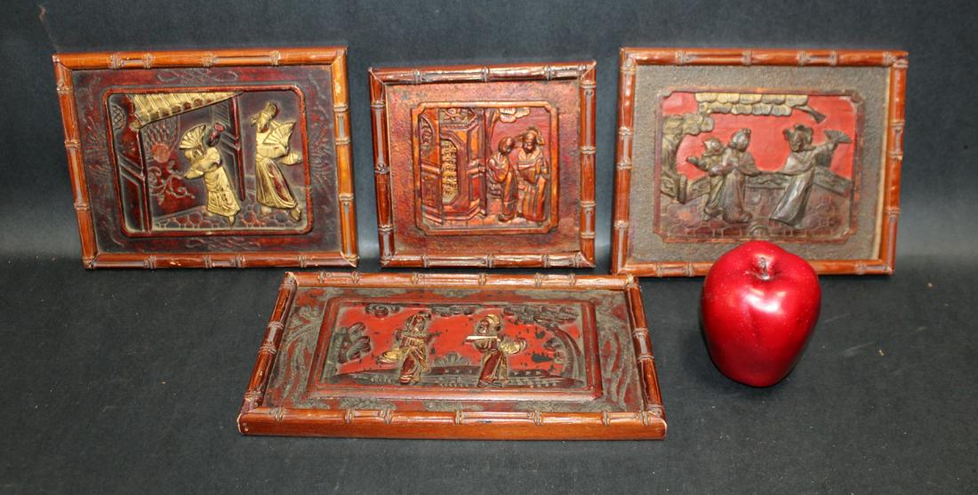 4 relief carved wooden Chinese plaques: 4 relief carved wooden Chinese plaques. 20th century. 10 1/2"w x 6"h, 8 1/2"w x 6 3/4"h, 6 1/4"w x 4 1/2"h, 6 3/4"h x 8 1/2"w.