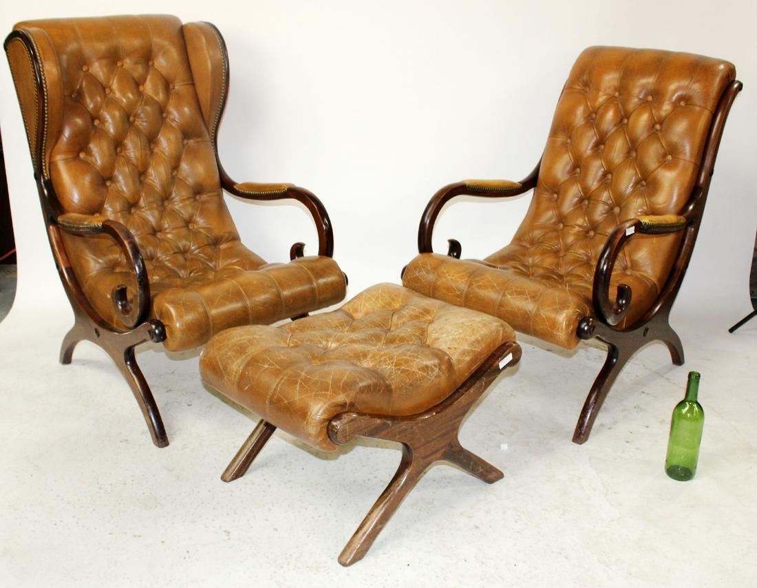 Pair French tufted leather armchairs & footstool (1 of 13)