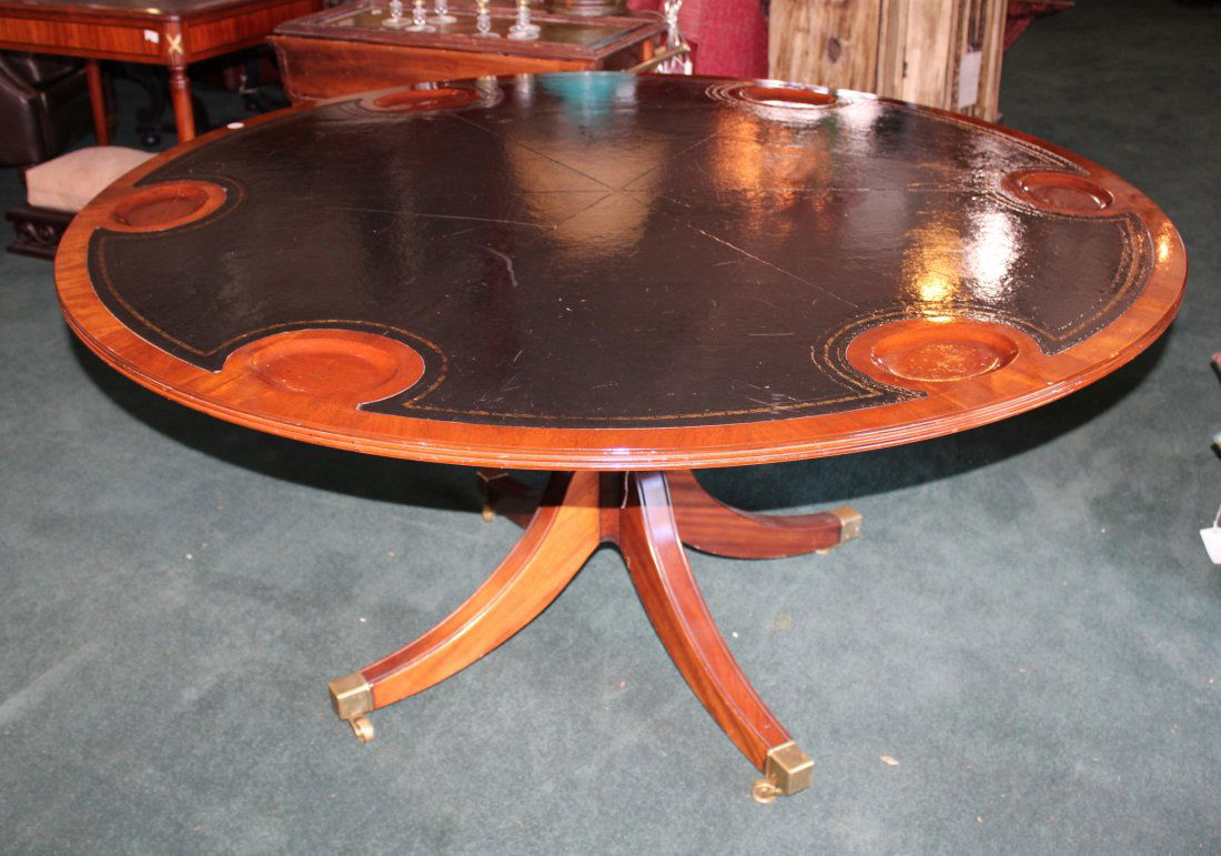 Mahogany pedestal base poker table with leather top (1 of 4)