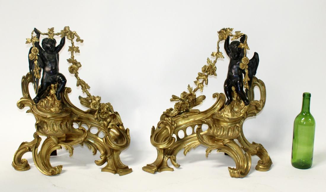 Pair French gilt bronze chenets with cherubs (1 of 8)