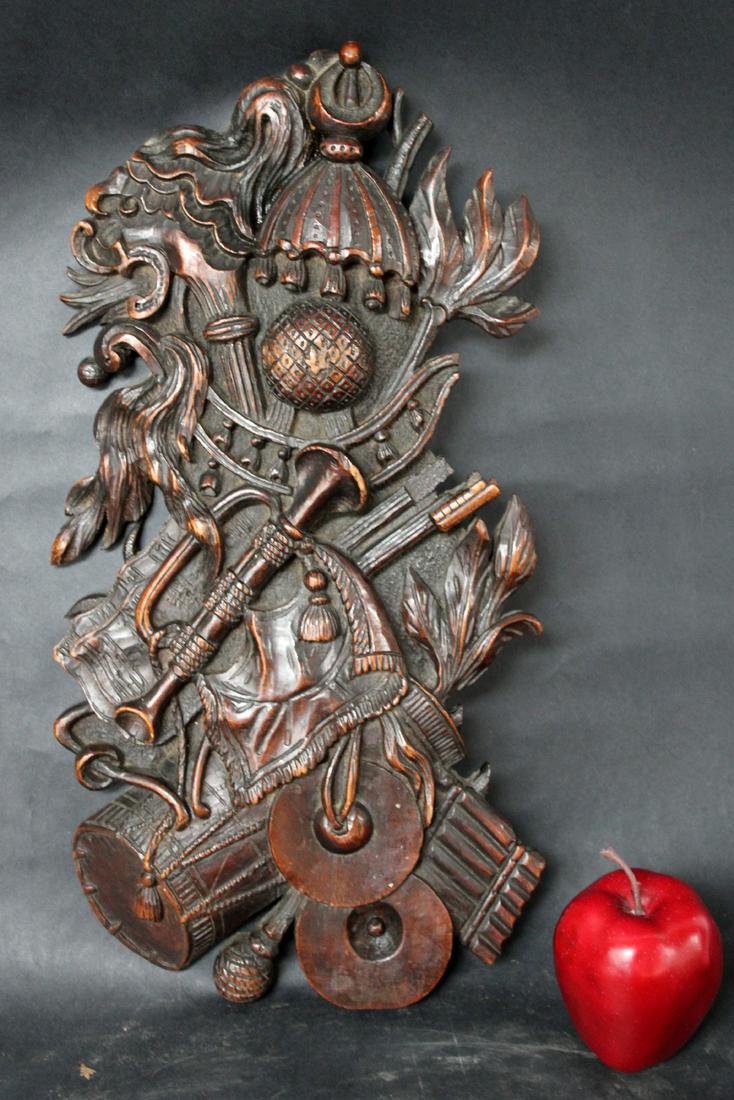 French walnut trophy plaque musical motif: French carved walnut trophy plaque in musical motif. Early 20th century. 18 1/2"h x 10"w