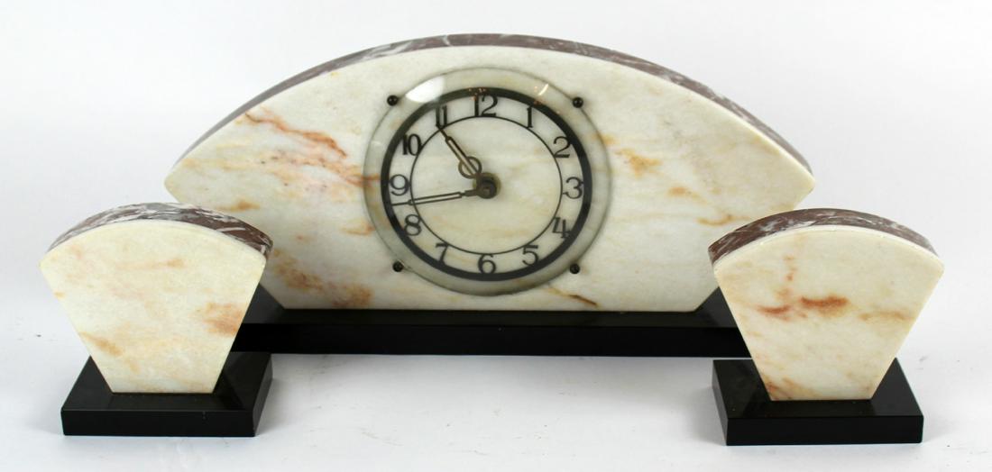 Continental Art Deco 3pc marble mantel clock. Mid 20th (1 of 6)