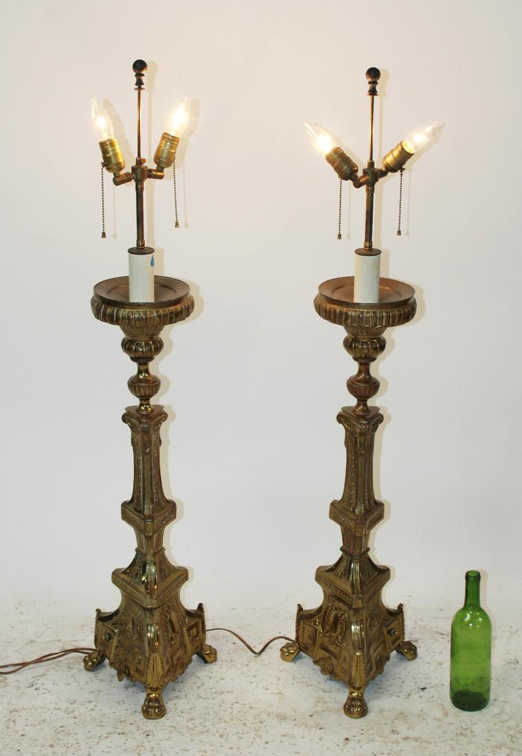 Pair French brass pillar candle stands mounted as lamps (1 of 6)