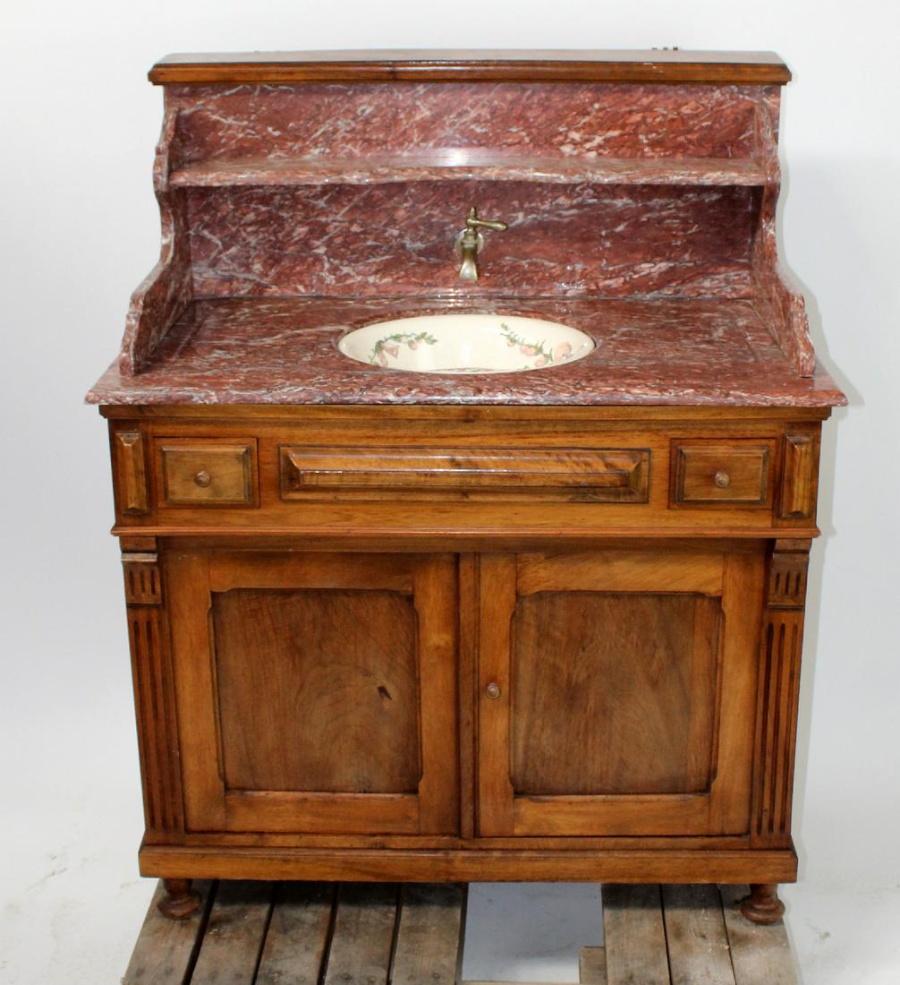 French farmhouse lavabo in walnut and marble with: French farmhouse lavabo in walnut and marble with painted sink. Early 20th century. 48"h x 40"w x 26 1/2"d