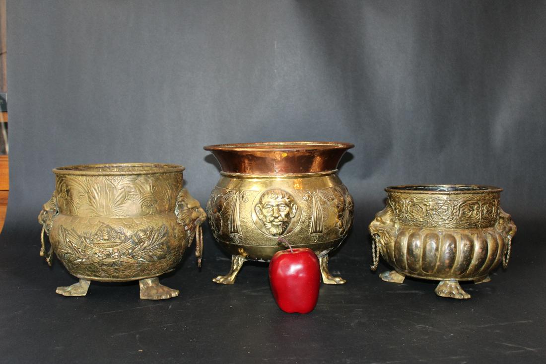 3 embossed brass planters (1 of 6)