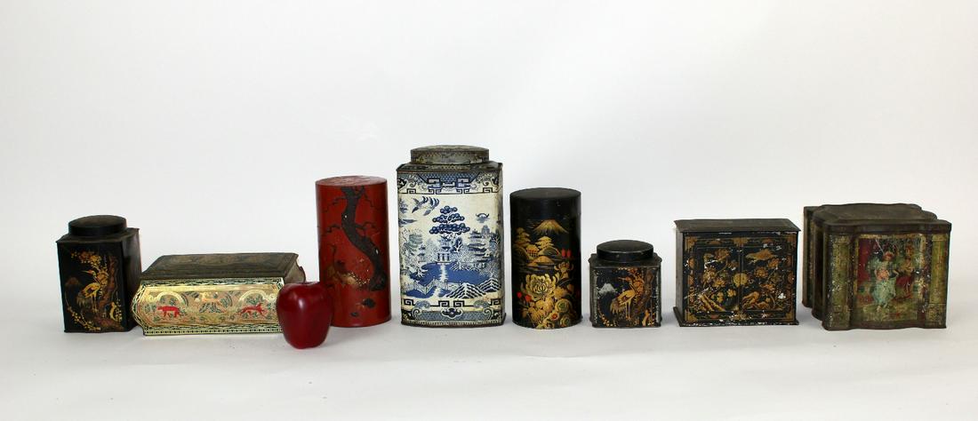 Lot of 8 biscuit tins and tea canisters: Lot of 8 biscuit tins and tea canisters. Early to mid 20th century. 4 1/2"h-11"