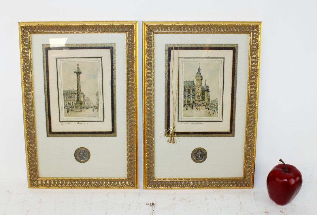 Pair of Frank Will hand colored etchings with coins (1 of 8)