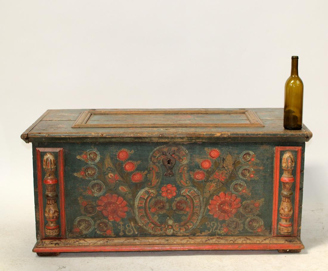 Antique Hungarian folk art painted pine trunk (1 of 6)