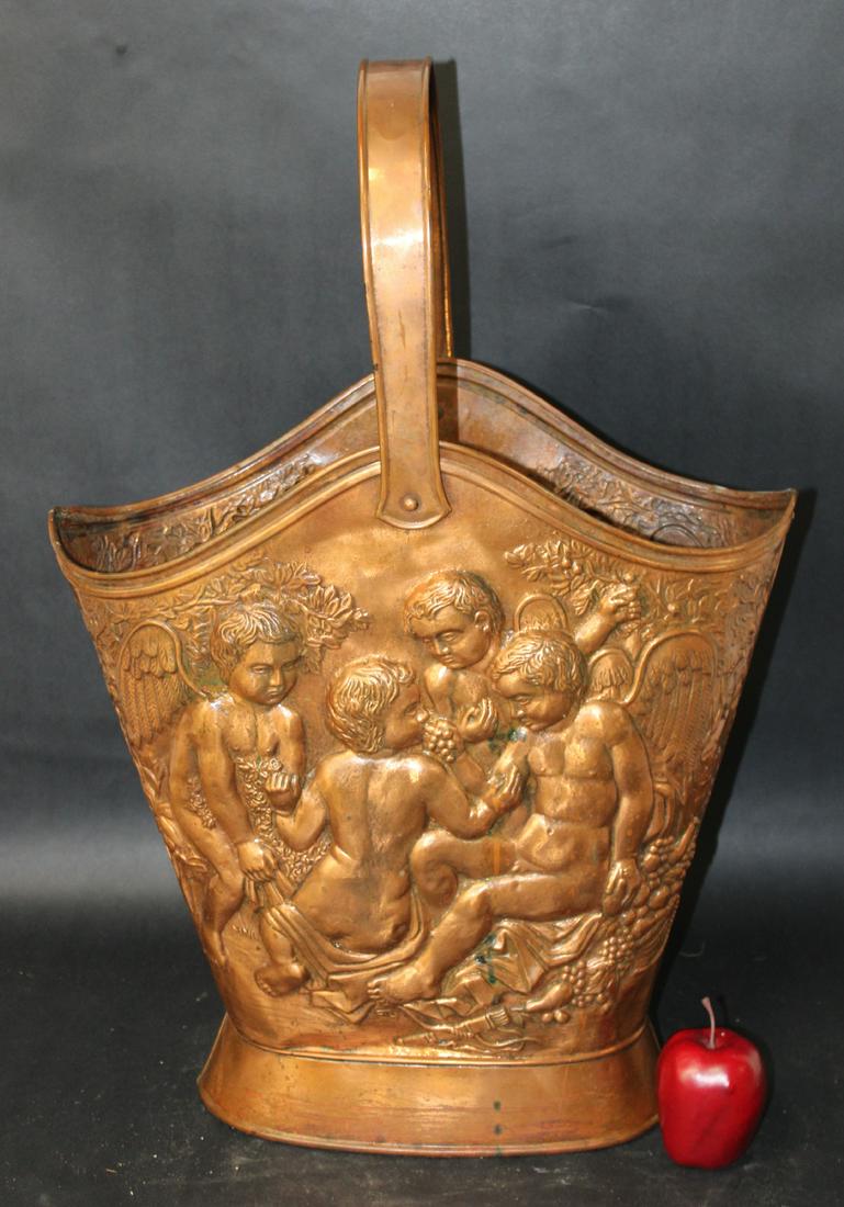 French embossed brass kindling bucket with cherubs (1 of 9)