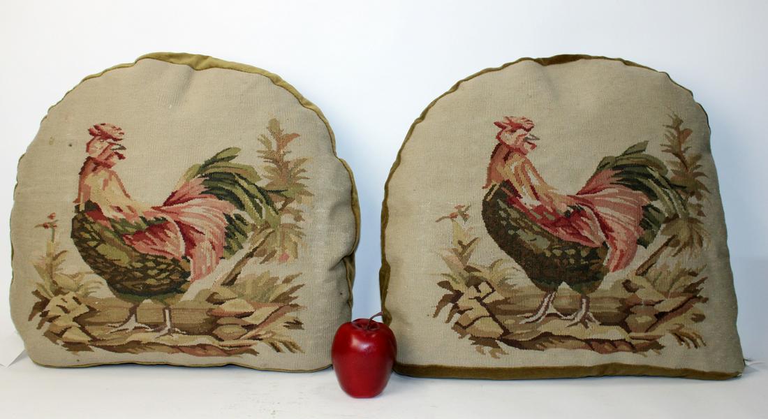 Pair of Aubusson chair seat pillows with roosters: Pair of Aubusson chair seat pillows with roosters. 17"h x 18"w overall.