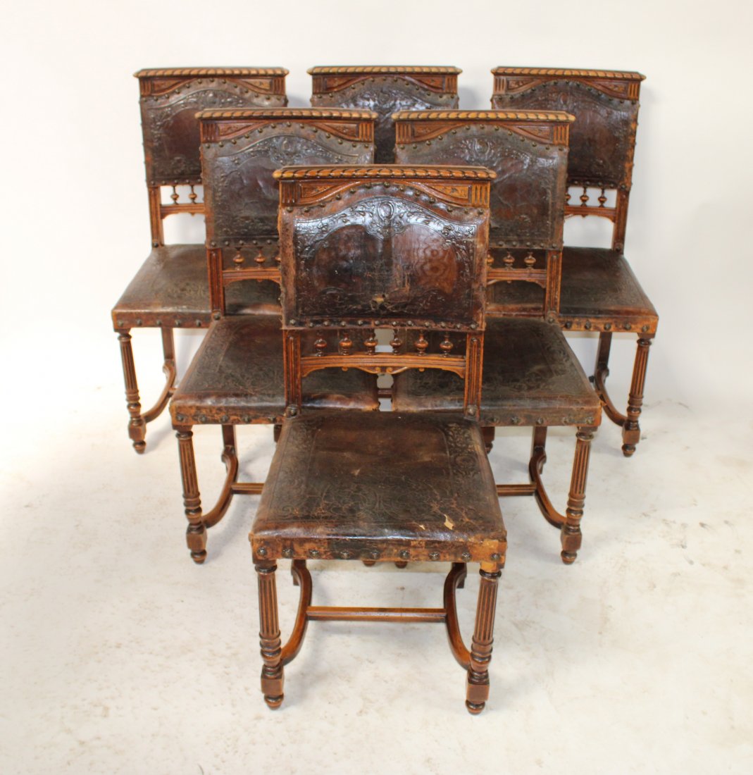 Set of 6 French walnut chairs with tooled leather (1 of 10)