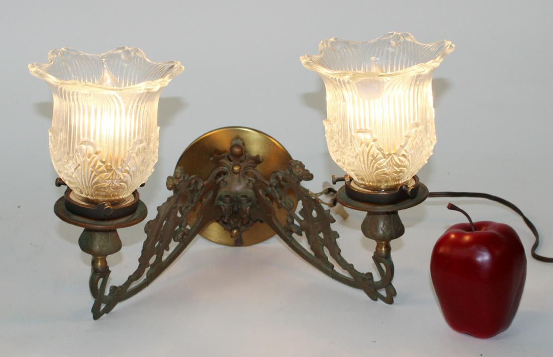 Art Nouveau brass 2-arm wall sconces with glass shades (1 of 4)