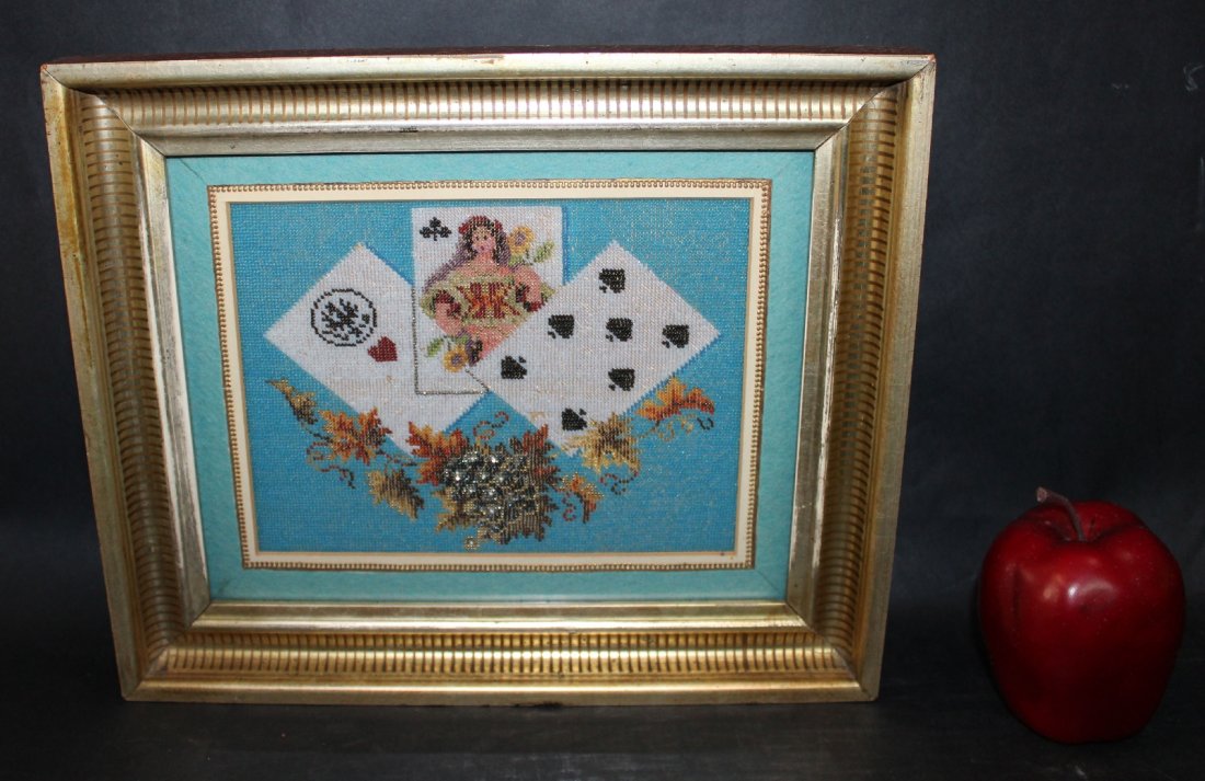 Trompe l'oeil still life of playing cards: Trompe l'oeil still life of playing cards embroidery panel. Mid 20th century. Framed size 10 1/2"h x 12 1/2"w