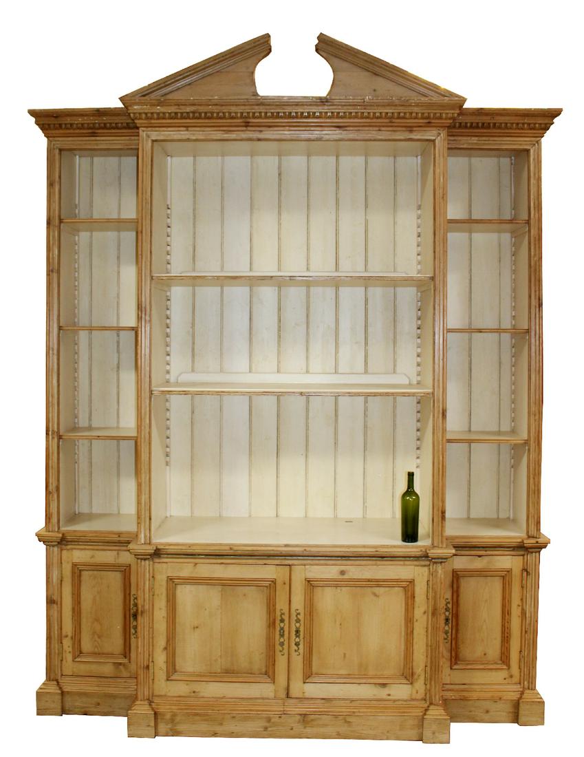 English pine open breakfront bookcase with pediment (1 of 9)