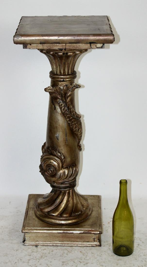 Italian silver finish pedestal with dolphin: Italian silver finish pedestal with mythological dolphin. Mid 20th century. 33"h x 13"w x 13 1/2"d
