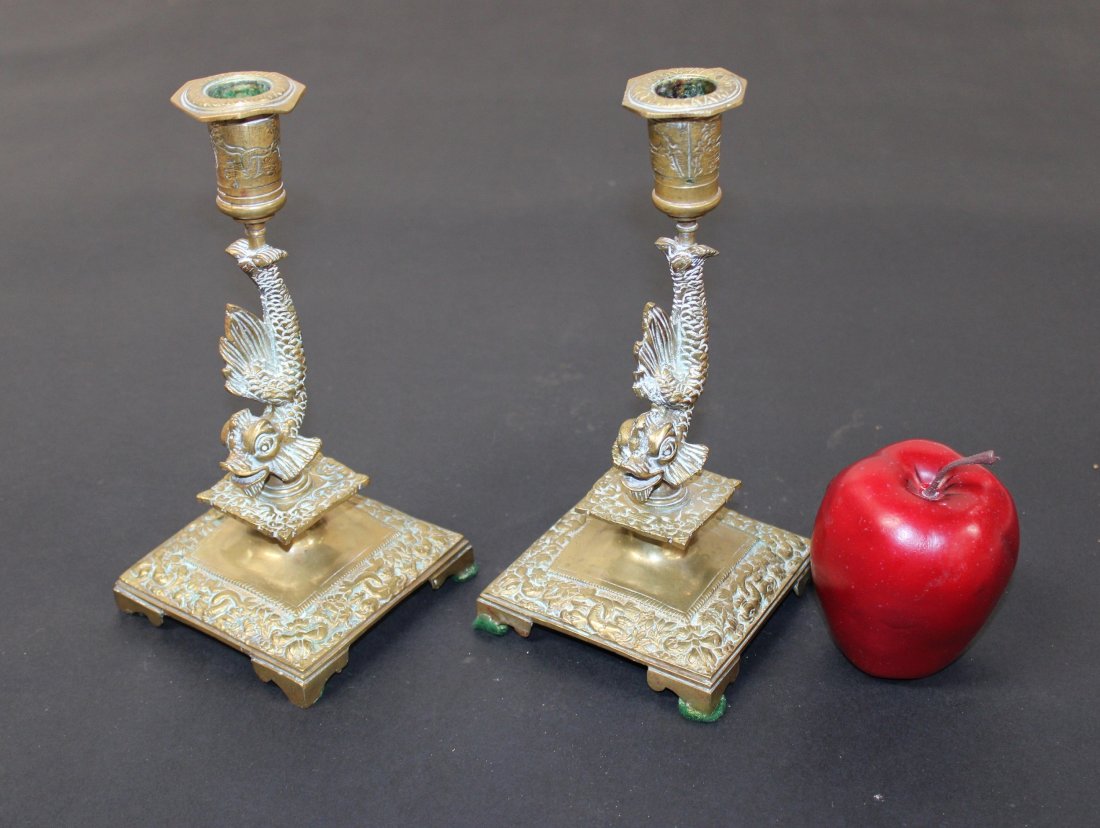 Pair of brass mythological dolphin candlesticks (1 of 7)