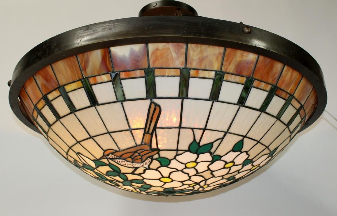 Stained glass dome chandelier with flowers & birds: Stained glass suspension dome chandelier with flowers and birds. 23 1/2” drop x 36 1/4” dia