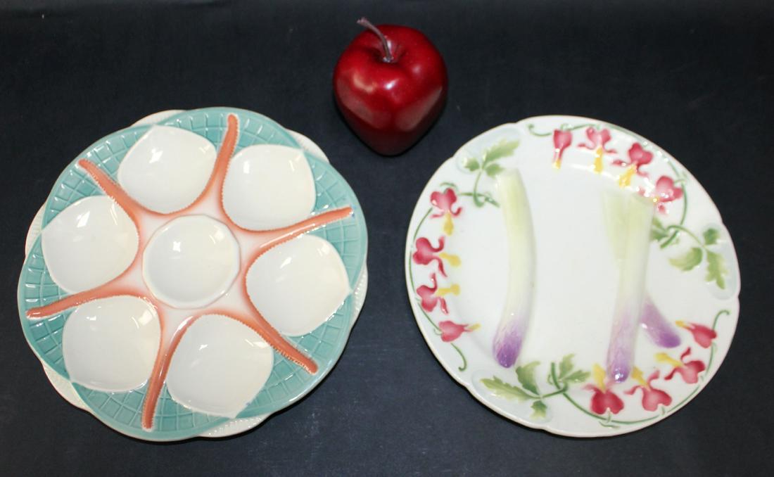 French oyster plate and asparagus plate: French Sarreguemines oyster plate 9 1/2" dia and K&G St. Clement asparagus plate. 9" dia