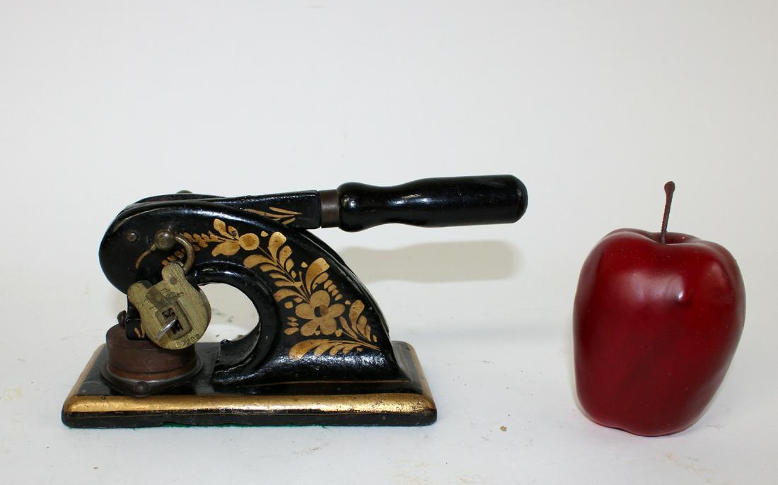 Antique iron embossing stamp with lock and key: Antique iron embossing stamp with lock and key. 20th century. 4 1/4"h x 8 1/2"l x 3"w