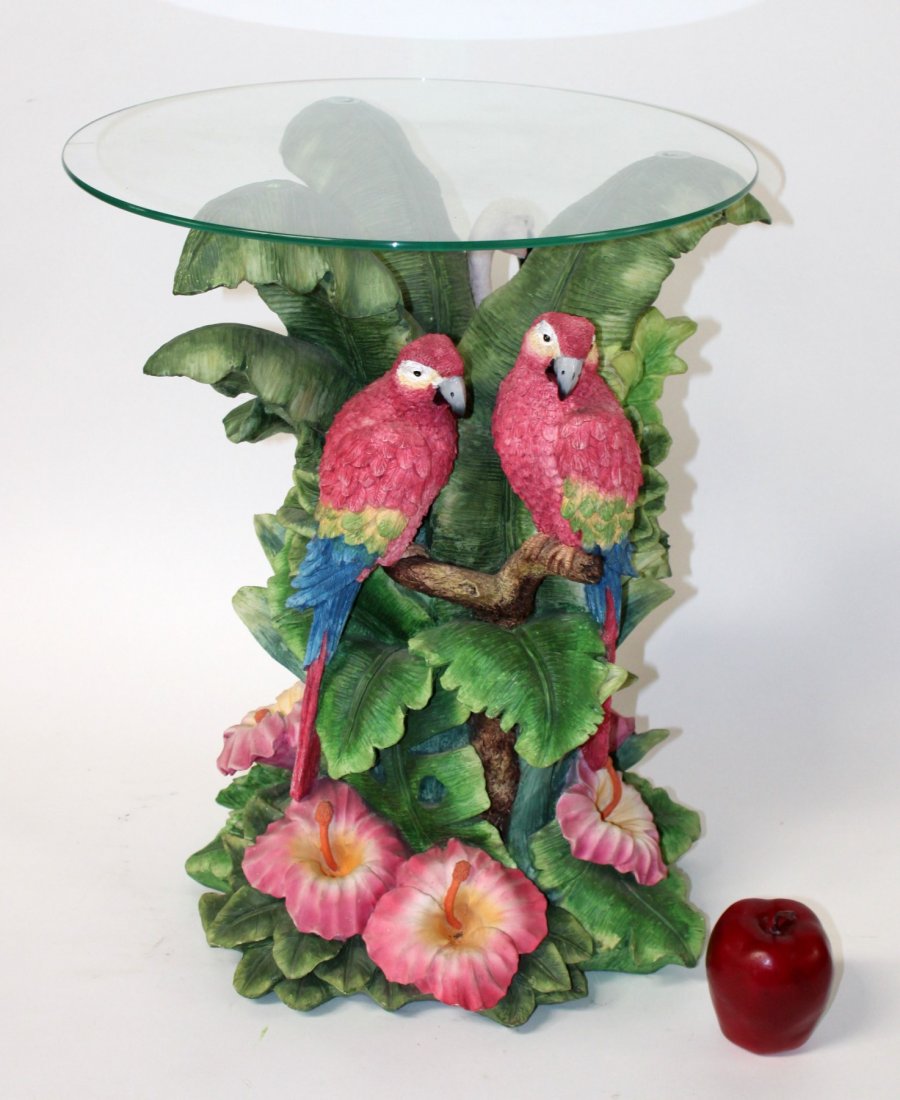 Cast parrot and flamingo form base glass top table: Cast parrot and flamingo form base glass top table. Late 20th century. 20 1/2"h x 16" dia