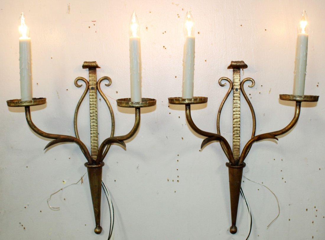 Pair of Italian gilt metal 2 arm wall sconces (1 of 6)