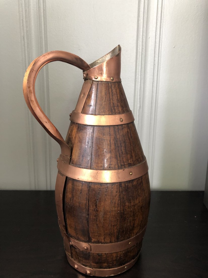 French Alsacian oak & copper wine pitcher: French Alsacian oak & copper wine pitcher. 11"h x 5"w at widest