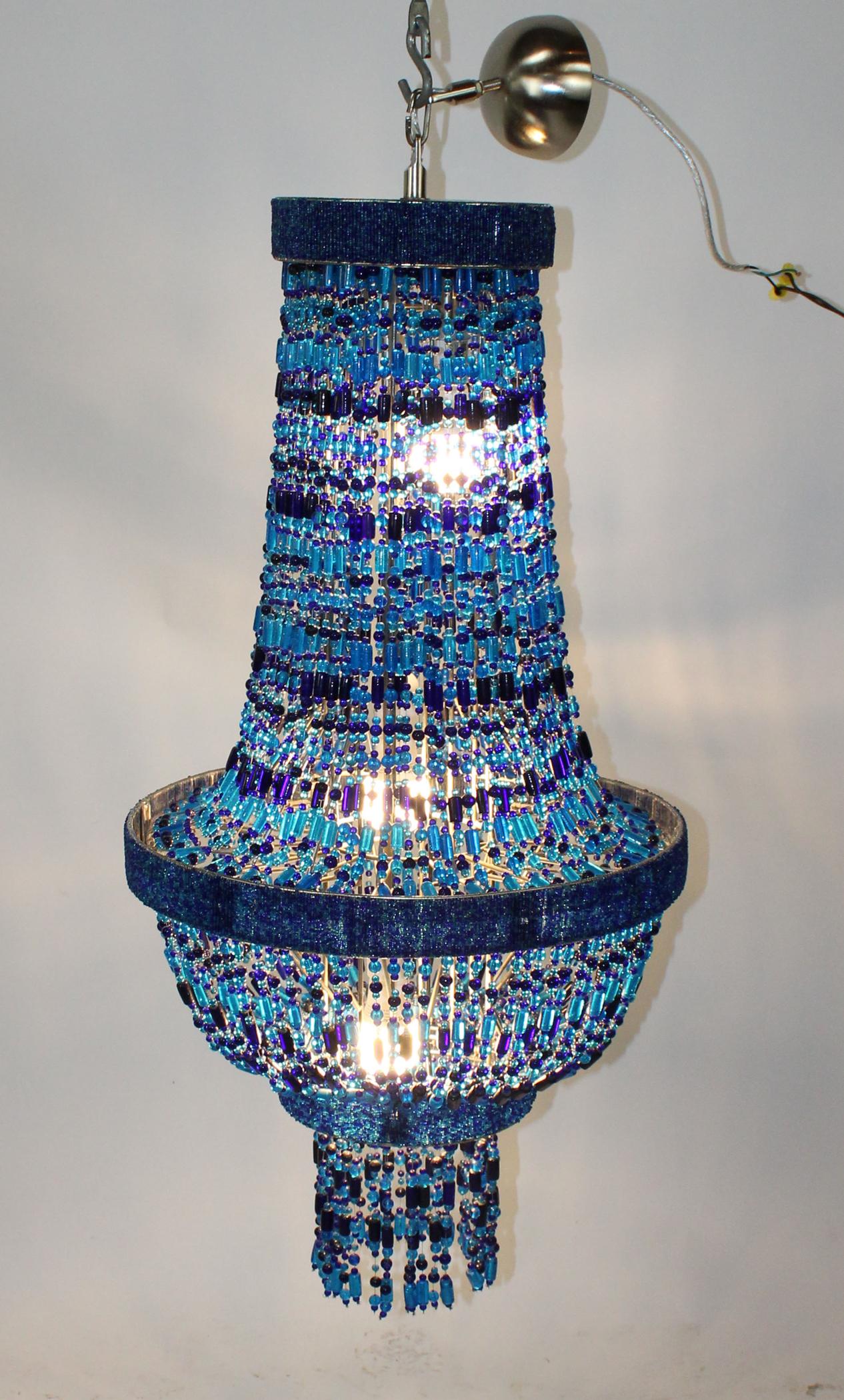 Modern blue beaded basket chandelier (1 of 6)
