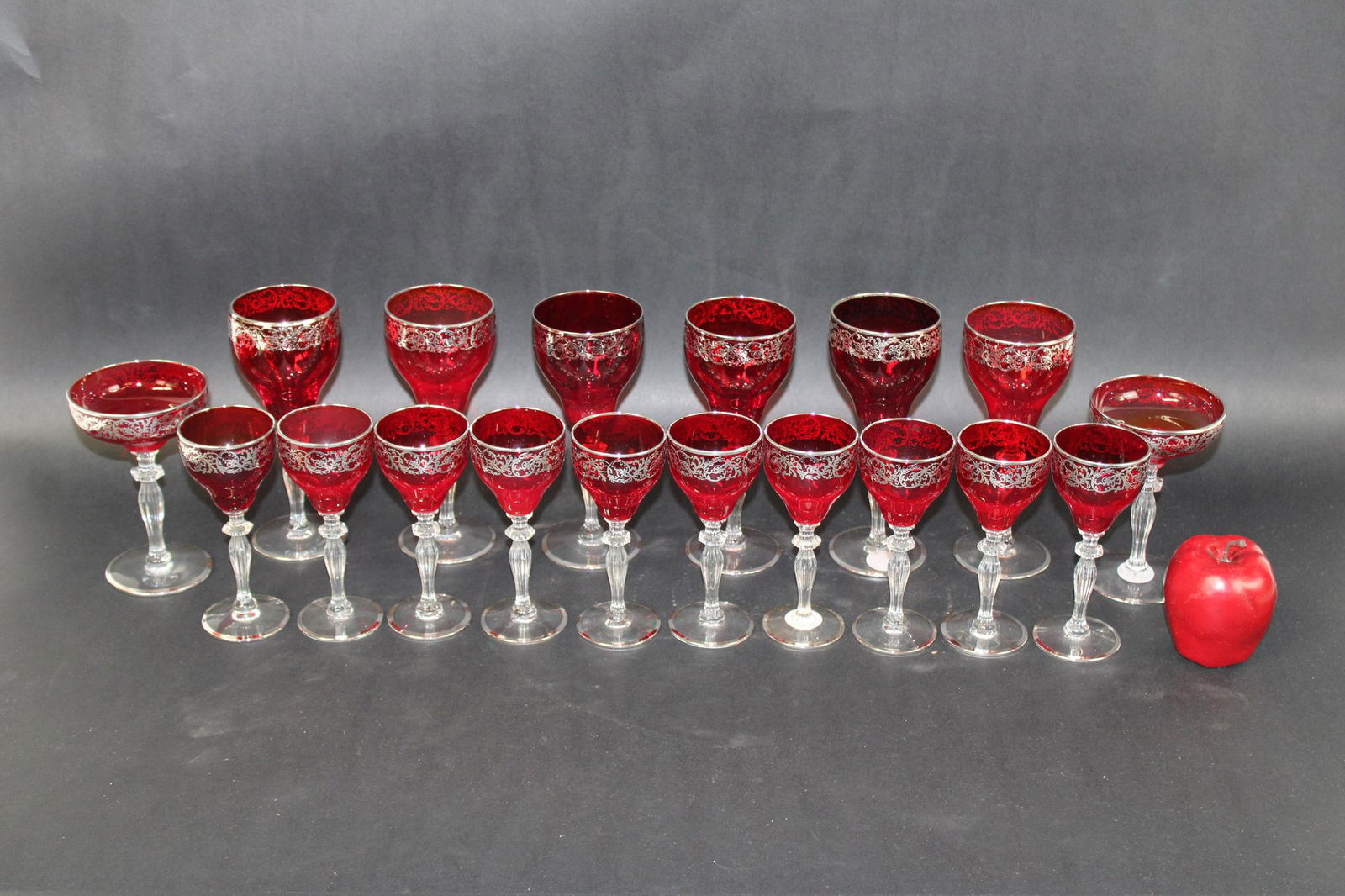 Lot of 18 ruby red stemware with silver overlay (1 of 10)