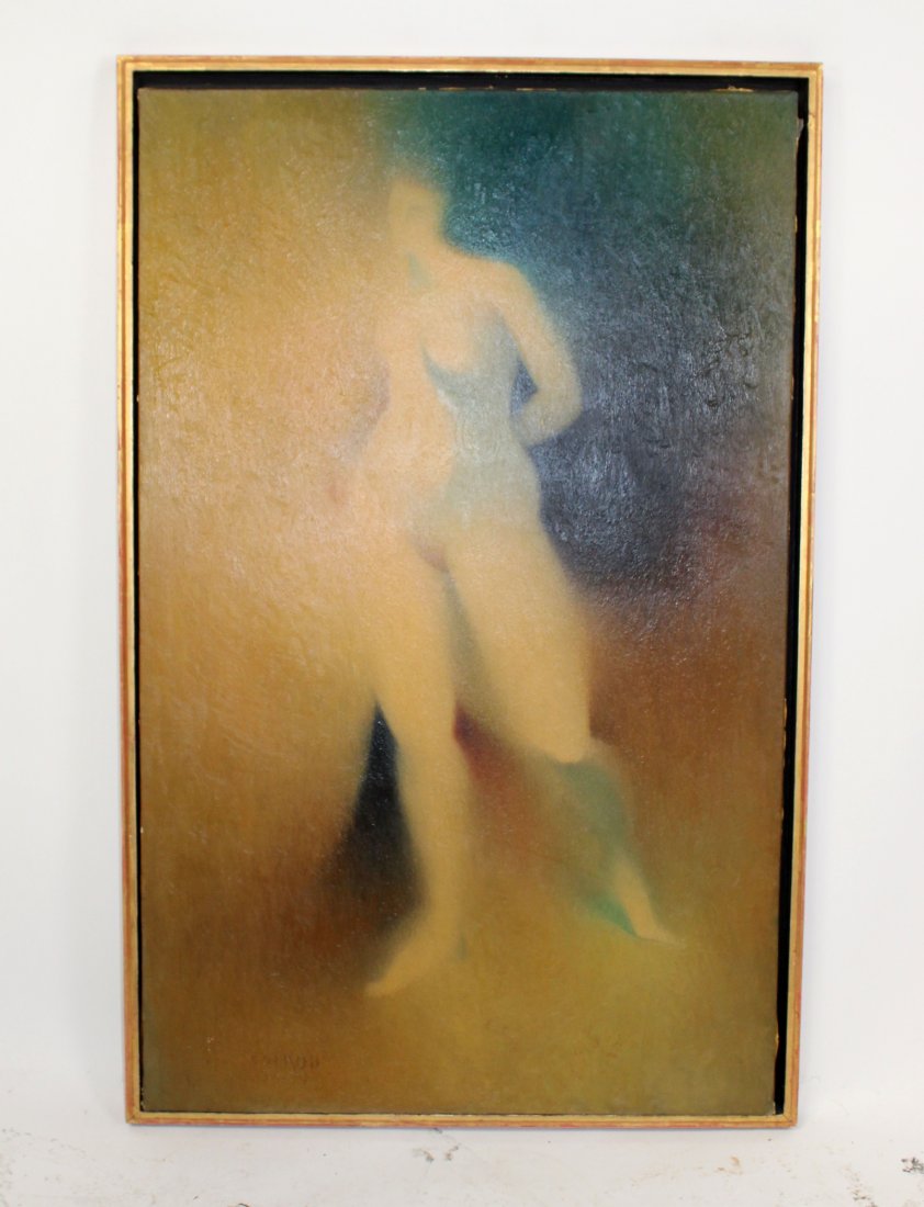 Earl Stroh oil on canvas figural nude: Earl Stroh (1924 - 2005 ) oil on canvas figural nude painting. "Coming from darkness into Light: Striding Nude" Signed and dated lower left E Stroh 58-59. Sight size 45.75"h x 28.5"w Framed size 48.25